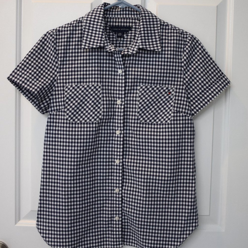 Tommy Hilfiger Navy & White Check Short Sleeve Button Down - Size XS